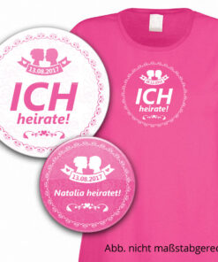 Buttons und T-Shirt mit Brautpaar-Silhouette in pink/fuchsia mit Datum personalisiert
