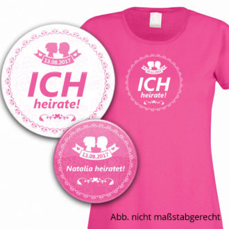Buttons und T-Shirt mit Brautpaar-Silhouette in pink/fuchsia mit Datum personalisiert
