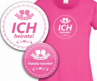 Buttons und T-Shirt mit Brautpaar-Silhouette in pink/fuchsia mit Datum personalisiert