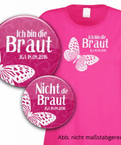 Junggesellinnenabschied-Set: Buttons und Shirt für die Braut Modell 8 personalisiert