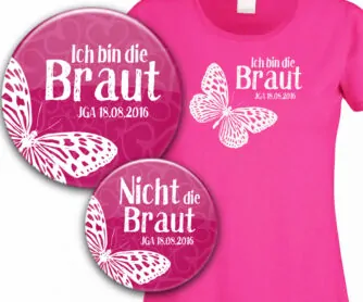 Junggesellinnenabschied-Set: Buttons und Shirt für die Braut Modell 8 personalisiert