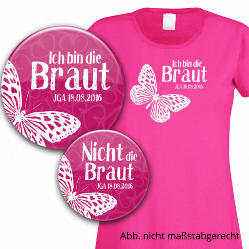 Junggesellinnenabschied-Set: Buttons und Shirt für die Braut Modell 8 personalisiert