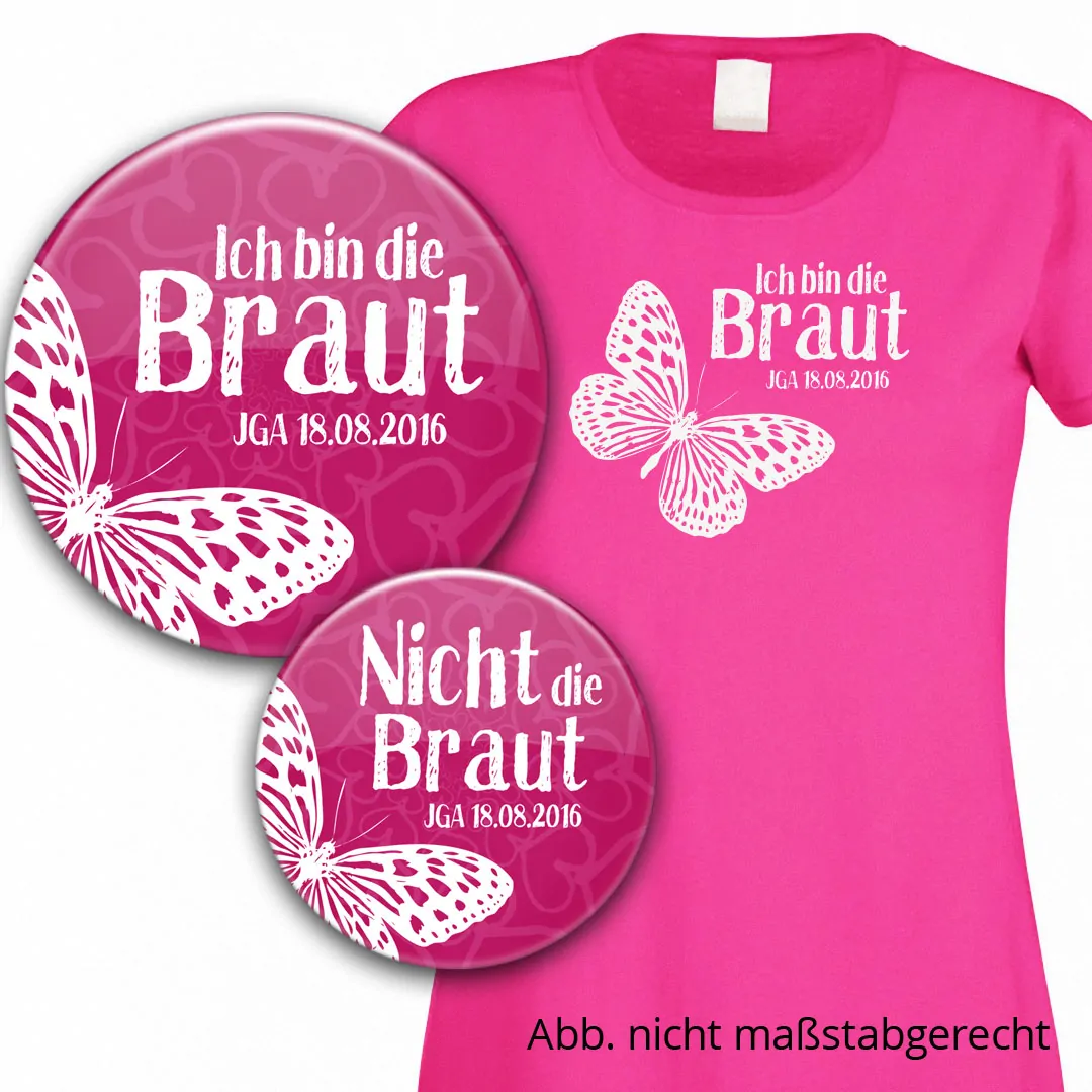 Junggesellinnenabschied-Set: Buttons und Shirt für die Braut Modell 8 personalisiert