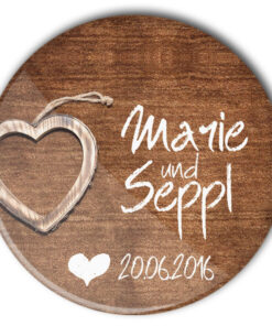 Hochzeit Button Anstecker Wooden Heart Bestseller: Holzstruktur, Herz und personalisierter Aufdruck