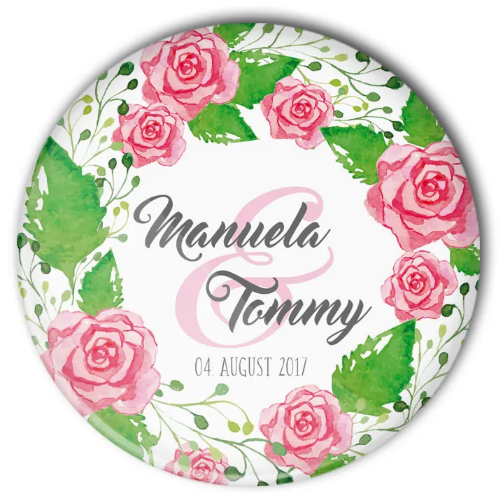 personalisierter Hochzeits-Button mit Rosengesteck