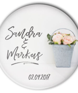 Hochzeit Button Mod. 37: Rosen in Zinkeimer mit Namensaufdruck
