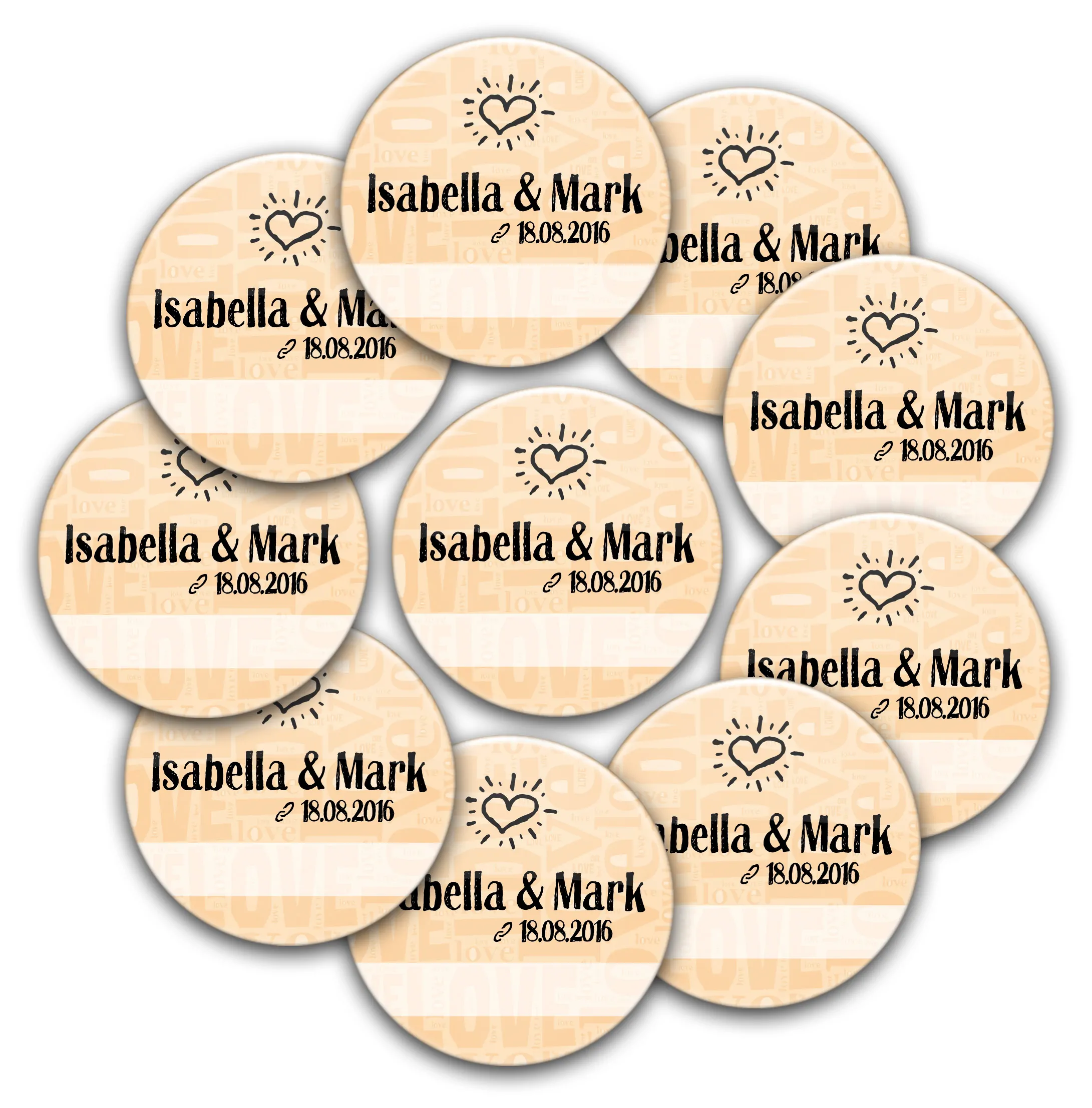 10 Buttons love n heart für die Hochzeit zum Beschriften