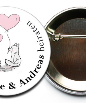 Hochzeit-Button 43 zwei Füchse mit Herz Luftballon mit Sicherheitsnadel