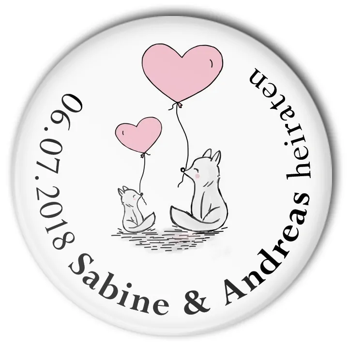 Hochzeit-Button 43 zwei Füchse mit Herz Luftballon: personalisiert