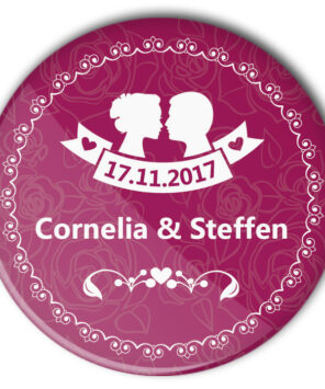 Hochzeits-Buttons Nr. 47 mit Brautpaar Silhouette, Datum und Name