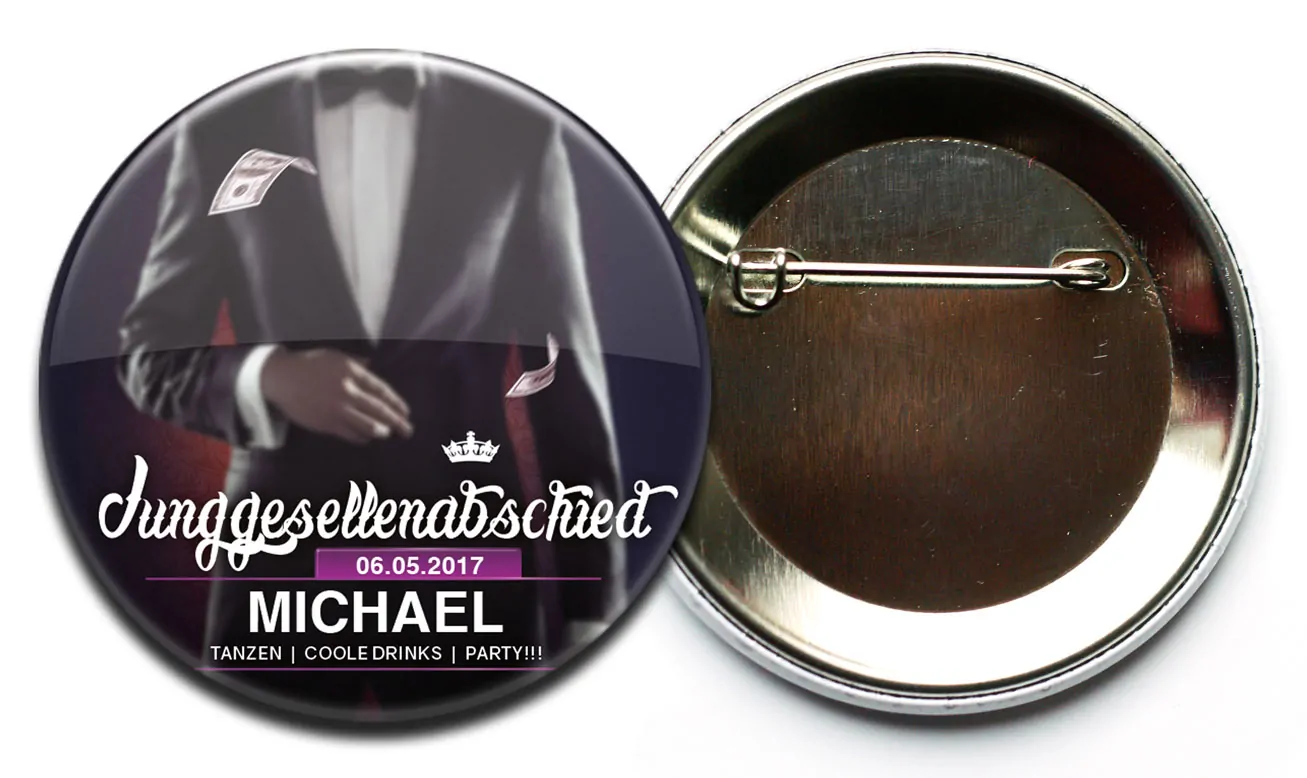 Modell 23 Junggesellenabschied Button Herren mit Nadelverschluss