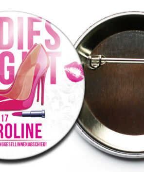 JGA Frauen Accessoire Button 22 pink mit Name und Datum Sicherheitsnadel