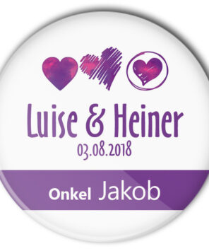 Hochzeit Button mit 3 Herzen personalisiert und einzel mit Name bedruckt