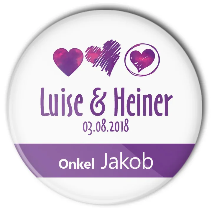 Hochzeit Button mit 3 Herzen personalisiert und einzel mit Name bedruckt