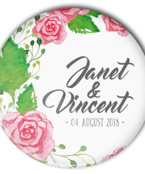 Hochzeit-Button Modell Nummer 38 Rosenranke mit Name und Datum personalisiert