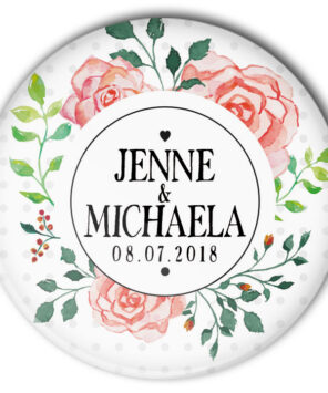 Hochzeitsbutton Mod. 39: Rosenbukett mit Name von Braut und Bräutigam und Datum der Hochzeit bedruckt