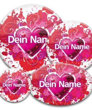 Namensbuttons in rot mit Herz für Flirtparty, Speed-Dating oder Valentinstag