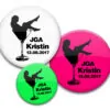 Frau im Sektglas burlesque JGA Ansteckbuttons mit Name und Datum