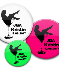 Frau im Sektglas burlesque JGA Ansteckbuttons mit Name und Datum