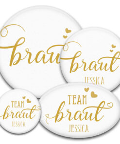 goldene Handschrift Braut oder Team Braut auf rundem oder ovalen Buttons: der Hit bei jedem Junggesellinnenabschied