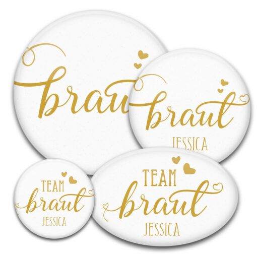 goldene Handschrift Braut oder Team Braut auf rundem oder ovalen Buttons: der Hit bei jedem Junggesellinnenabschied