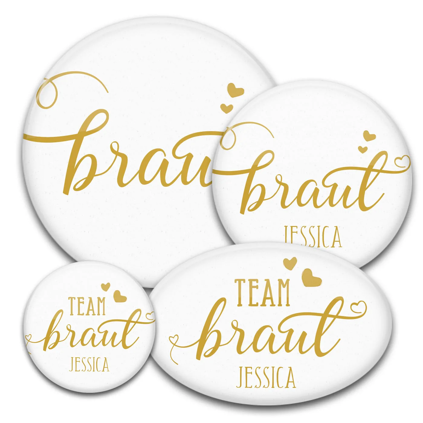 goldene Handschrift Braut oder Team Braut auf rundem oder ovalen Buttons: der Hit bei jedem Junggesellinnenabschied