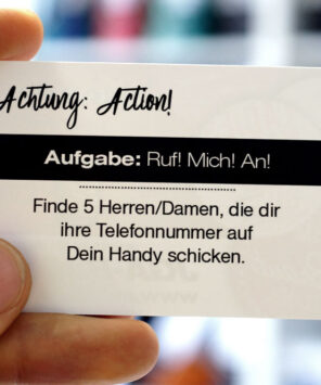 Action-Karte mit Aufgabe für Braut oder Bräutigam zum JGA