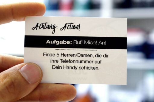 Action-Karte mit Aufgabe für Braut oder Bräutigam zum JGA