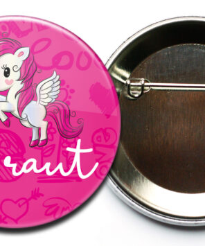 Einhorn-Button zum Junggesellinnenabschied in pink mit Nadel