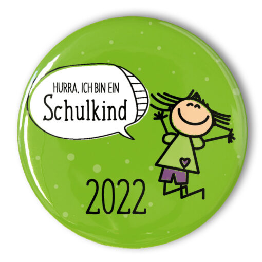Schulkind Button 2022 lachendes Mädchen grün