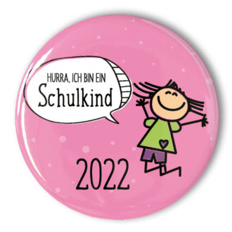 Schulkind Button 2022 lachendes Mädchen rosa