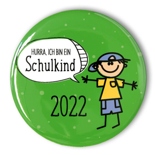 Schulanfang Button 2022 lachender Junge grün