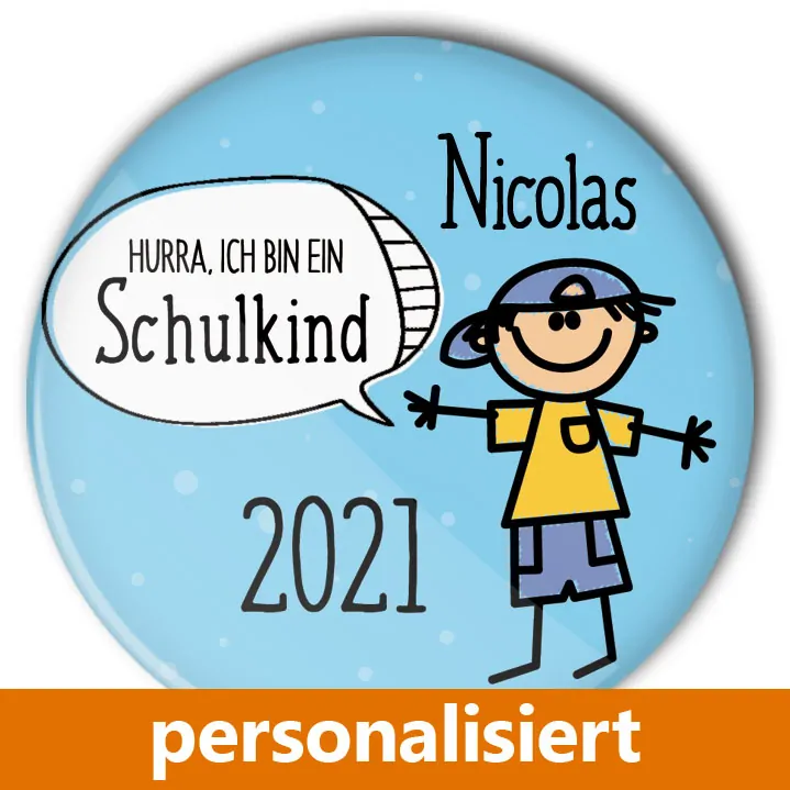 individualisierter Button Schule Schulkind blau Einschulung