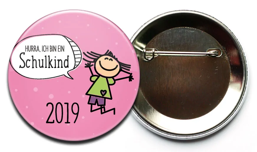 Button Hurra ich bin ein Schulkind 5 Mädchen rosa mit Sicherheitsnadel