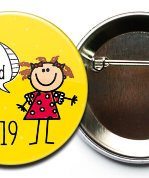 Button Hurra ich bin ein Schulkind 9 Mädchen gelb mit Sicherheitsnadel