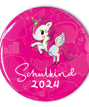 pinkfarbener Schulkind Button 2024 mit Einhorn