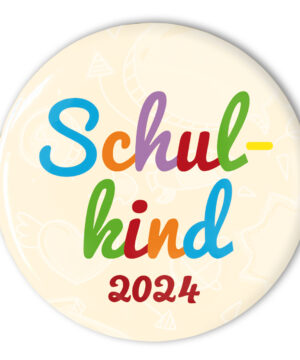 Schulkind Button 2024 mit bunten Buchstaben