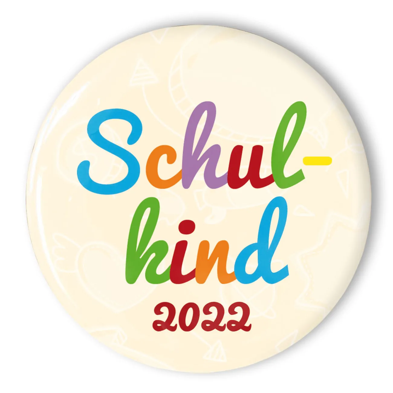 Schulkind 2022 Button zum Schulanfang bunte Buchstaben