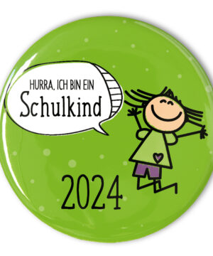 grüner Schulkind Button 2024 mit Mädchen zur Einschulung