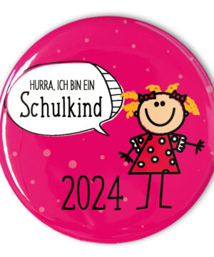 magentafarbener Schulkind Button 2024 mit Mädchen zur Einschulung