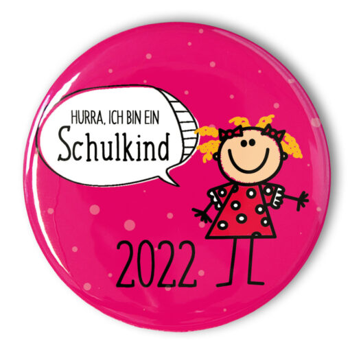 Schulkind Button 2022 lachendes Mädchen pink
