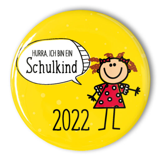 Schulkind Button 2022 lachendes Mädchen gelb