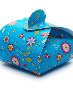 Faltschachtel Flora 4: leuchtend blauer Hintergrund, bunte Blüten und Blätter