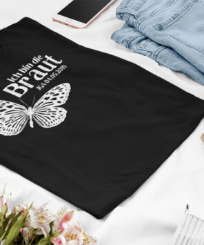 schwarzes JGA Shirt mit Schmetterling für die Braut | individualisiert mit Datum