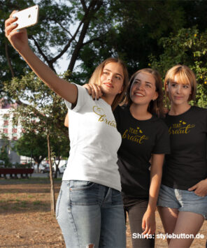 JGA Gruppe Frauen Foto mit Shirts von stylebutton Modell 27 Braut / Team Braut
