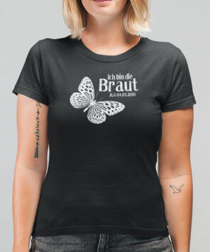 T08 Shirt Junggesellinnenabschied in schwarz mit Schmetterling, mit Datum individualisiert