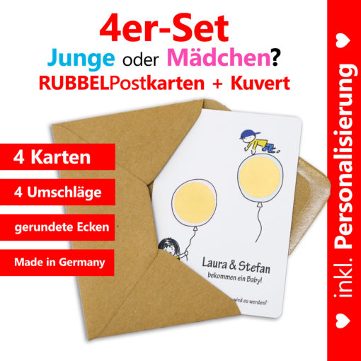 komplettes 4er-Set aus personalisierten Rubbelkarten mit Umschlägen