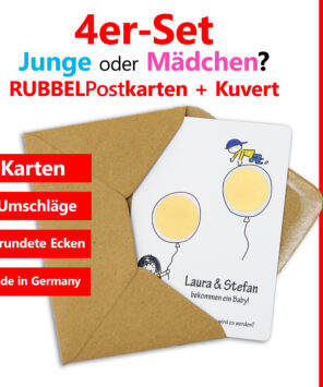 komplettes 4er-Set aus personalisierten Rubbelkarten mit Umschlägen