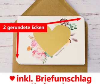 Die Rubbelkarte TZ05 mit Rubbelherz wird mit einem Kraftpapierumschlag geliefert.