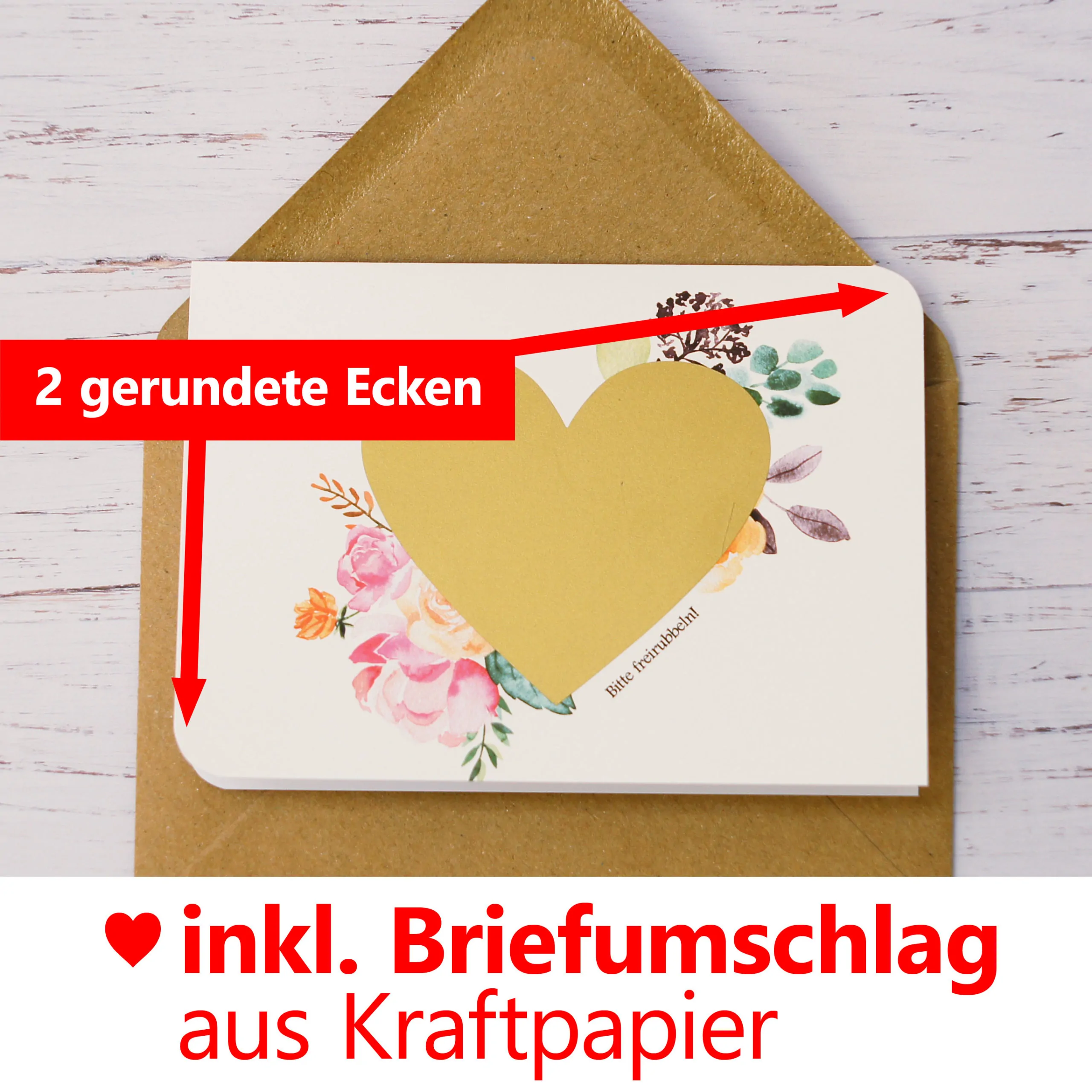 Die Rubbelkarte TZ05 mit Rubbelherz wird mit einem Kraftpapierumschlag geliefert.
